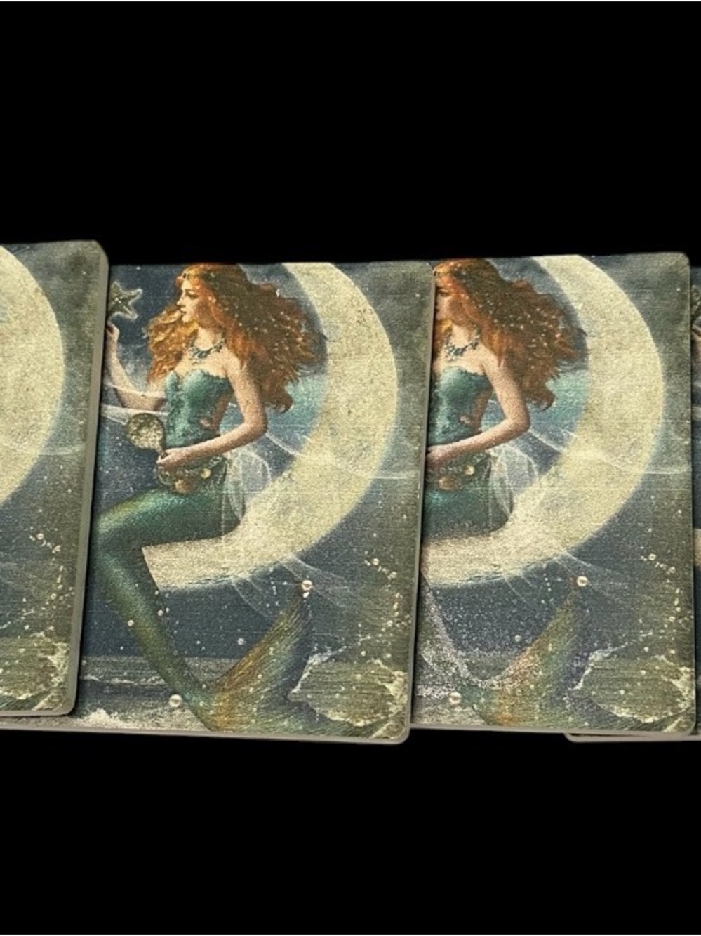 Mermaid on the Moon Stone Coasters in Teal and Cream Vtg Style - Picture 2 of 6